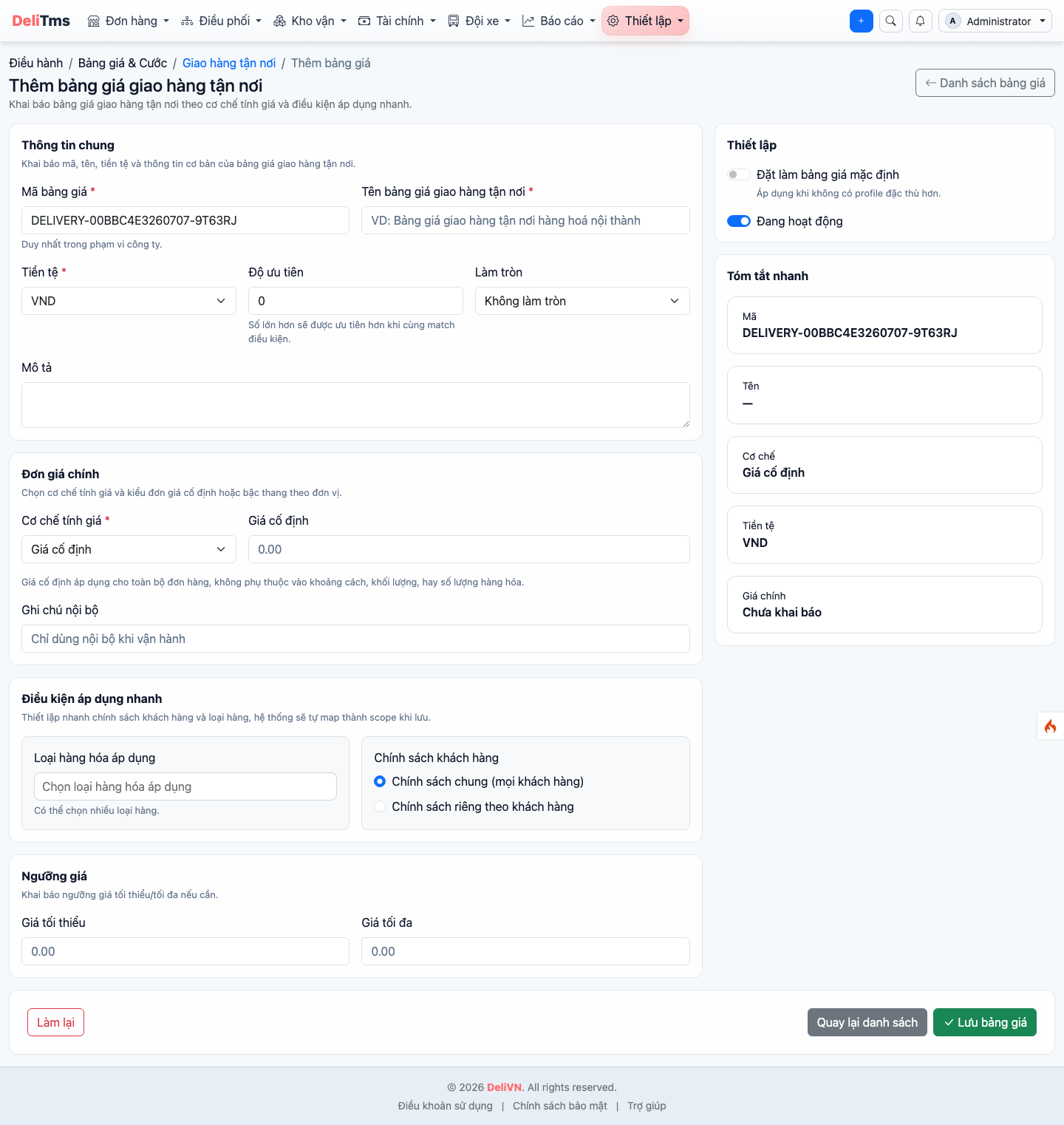 Form Thêm bảng giá giao hàng tận nơi trên portal.