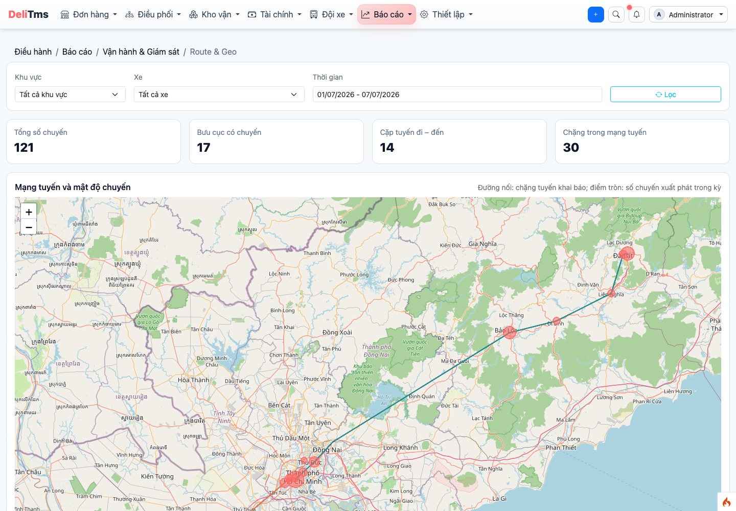 Route & Geo — mạng tuyến trên bản đồ và top luồng hàng đi – đến.